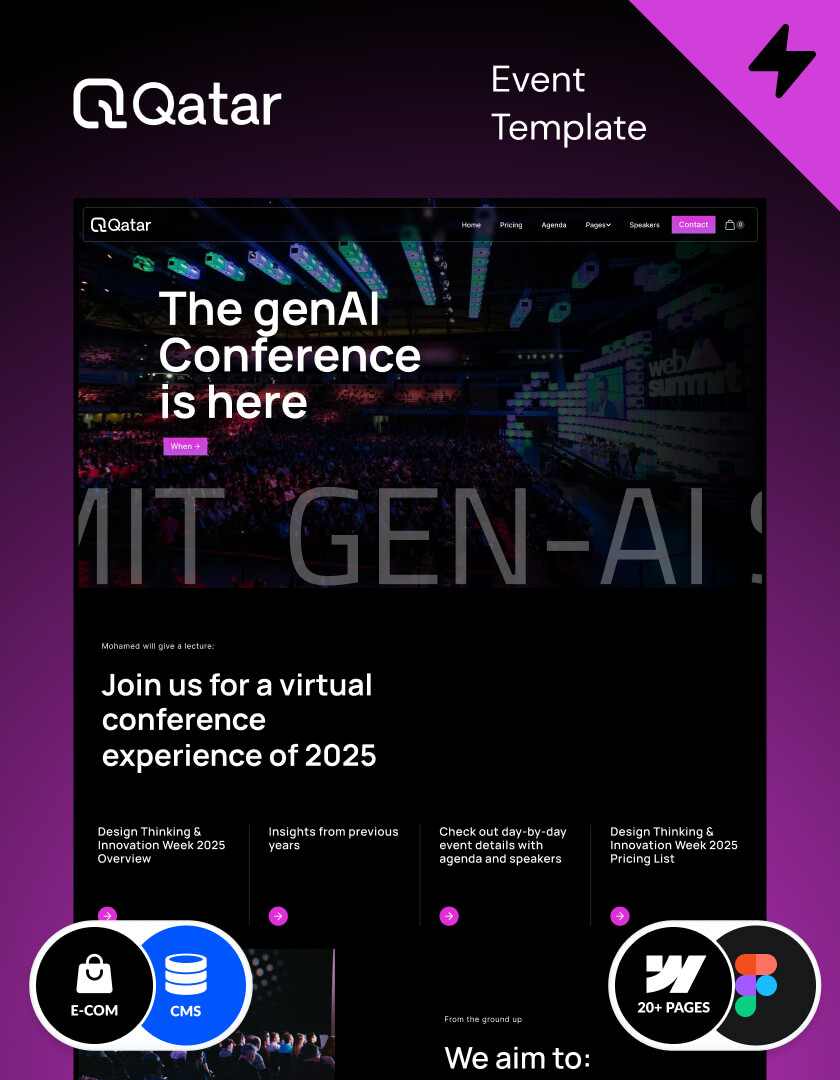 Webflow event template, designed for conferences and events, made in Webflow