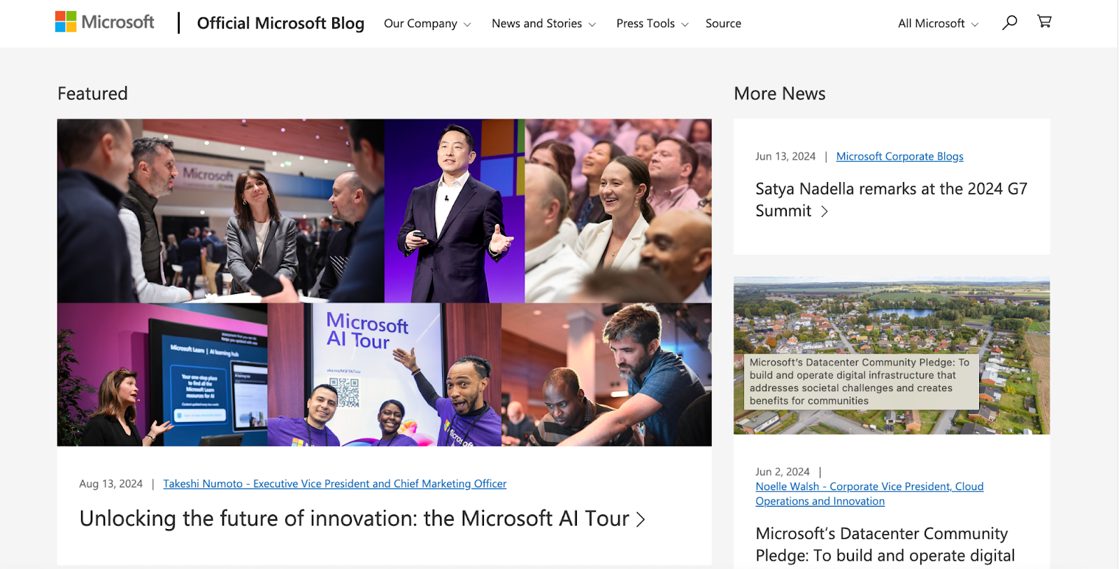 Microsoft Blog  website highlighting the AI Tour event, featuring executives and attendees, alongside updates on company initiatives