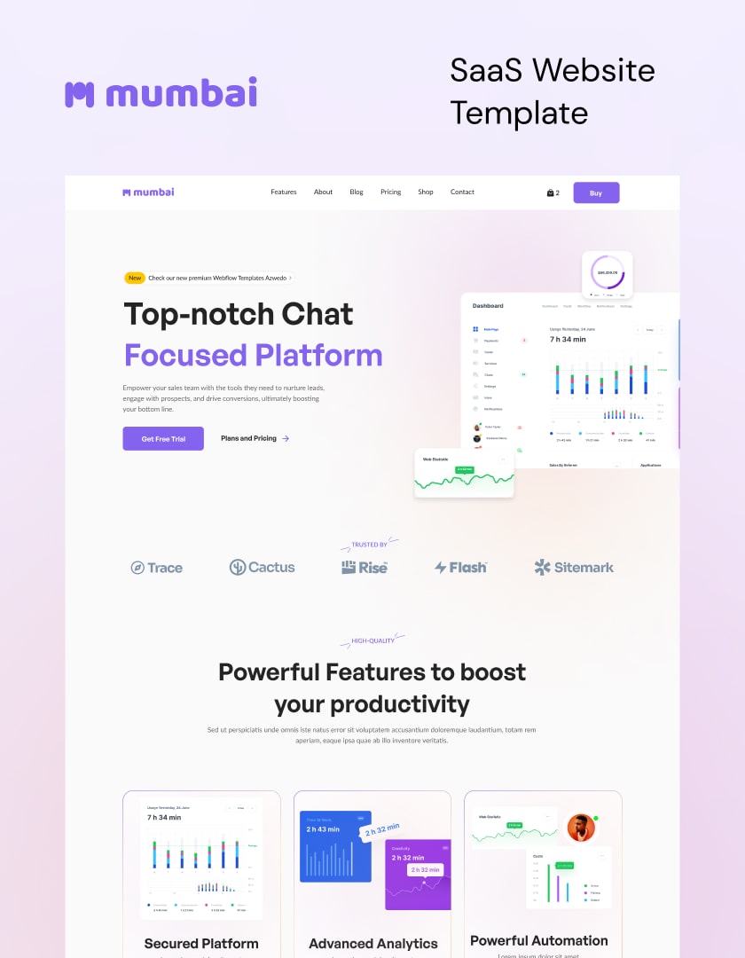 Premium and unique Webflow SaaS template, perfect for startups and small businesses, made in Webflow