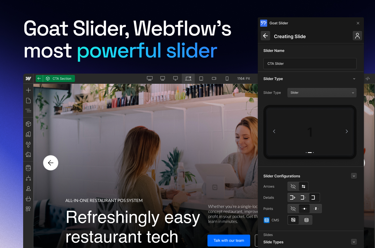 A preview of the GOAT Slider Webflow App — Webflow's most powerful slider created by Azwedo