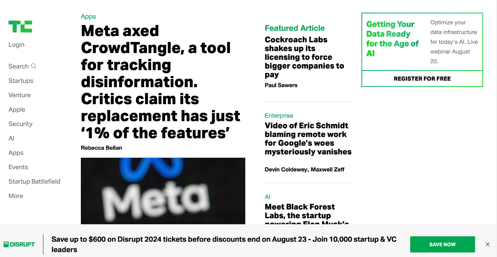 Tech Crunch website showing different tech featured articles on its homepage 