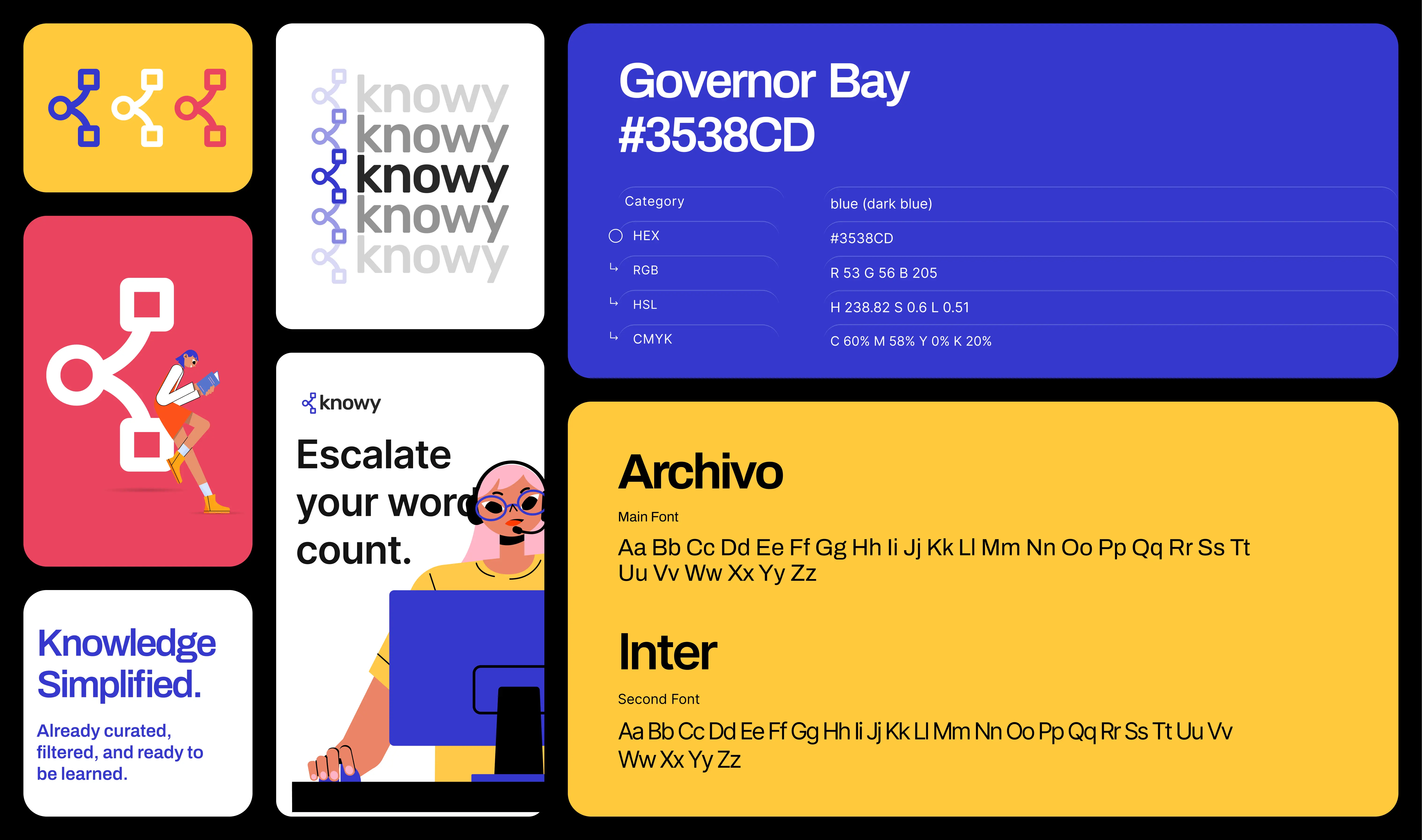 Knowy brand design, typography usage, main font, second font, hex code, rgc, etc