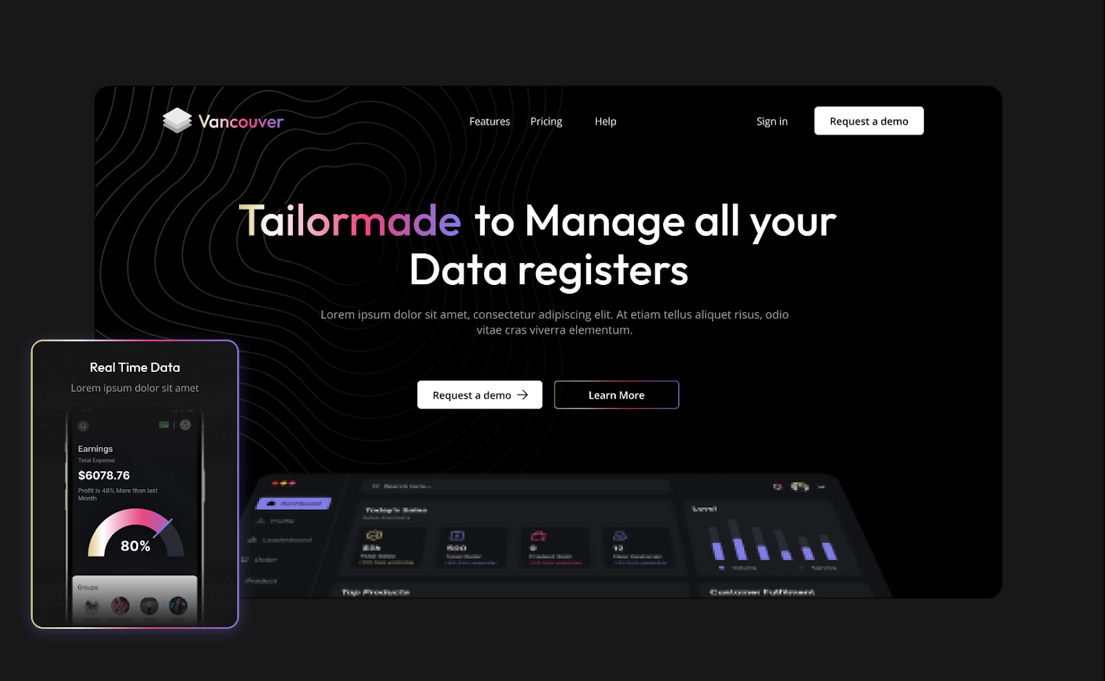 Vancouver webflow template. Inspiring dark theme example of One Page template for landing page – Webflow template build by Wedoflow