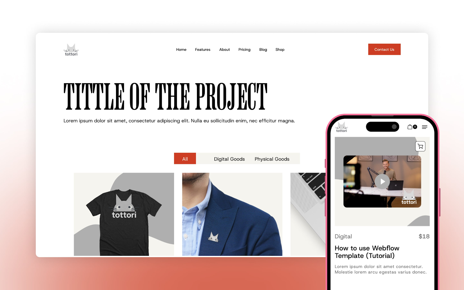 Tottori webflow agency template dispalying the features page, and a mobile view on the side.